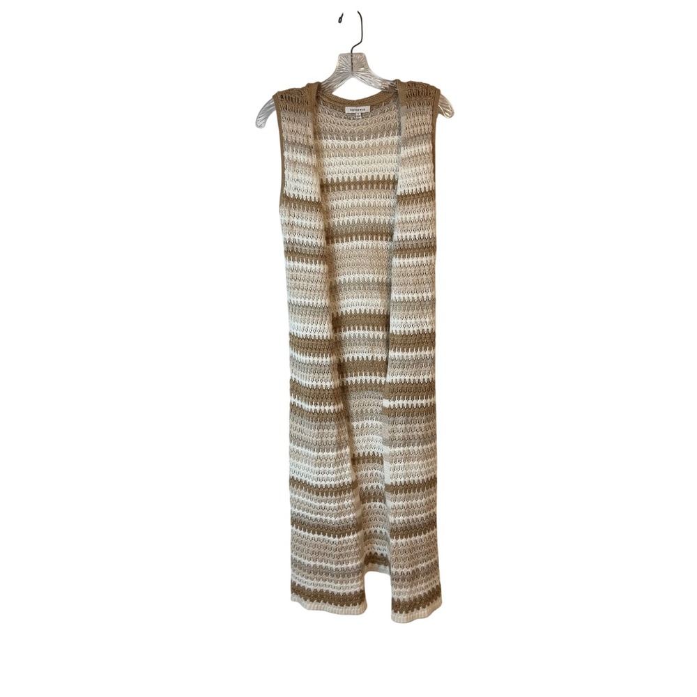 Hooked Up Women's S Beige White Brown Striped Crochet Long Open Front Cardigan